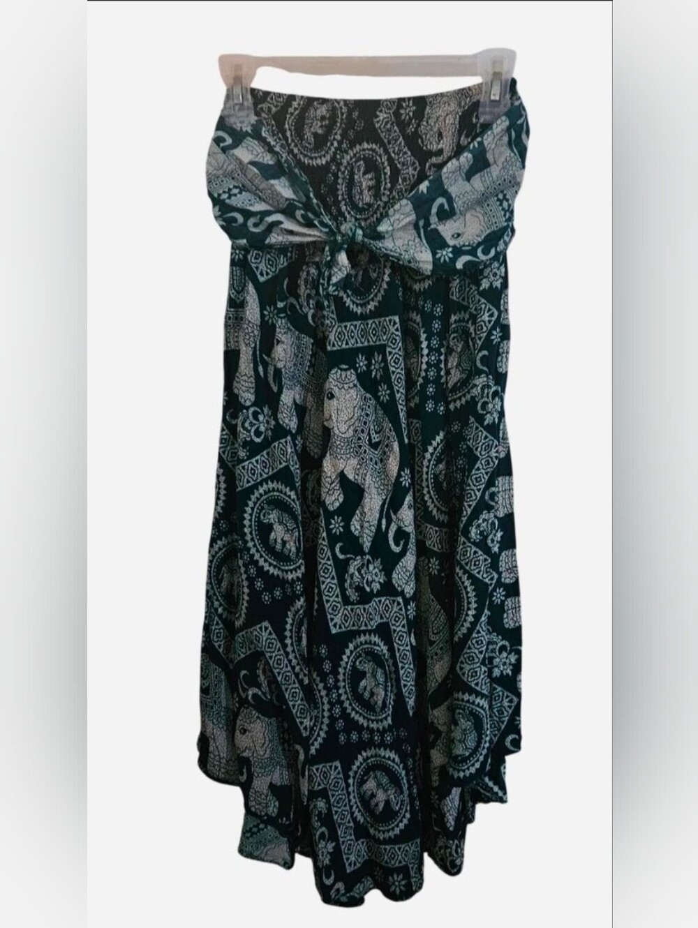Vintage Style Elephant Print Skirt Tie Front Boho Festival Rayon S/M